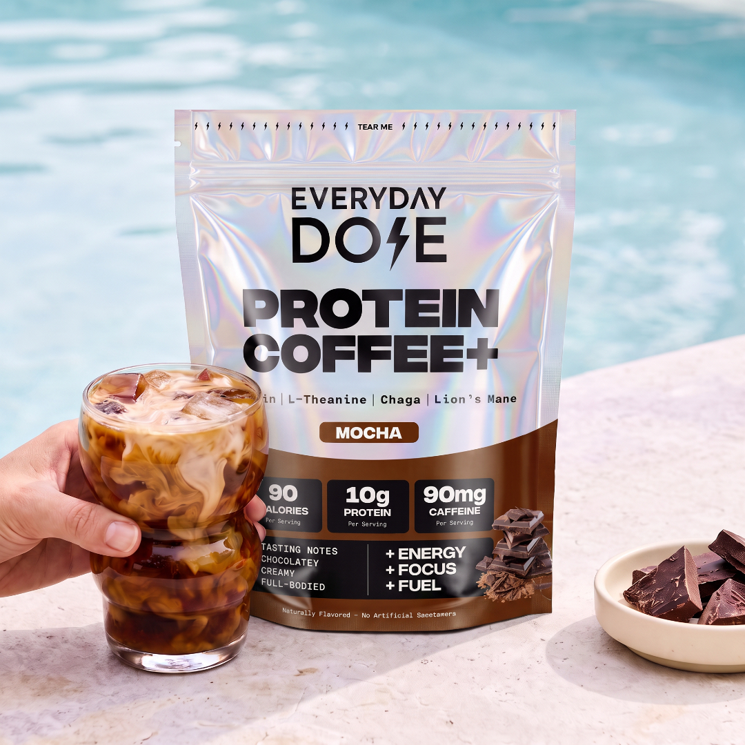 Everyday Dose Protein Coffee+ Mocha poolside with iced coffee and dark chocolate