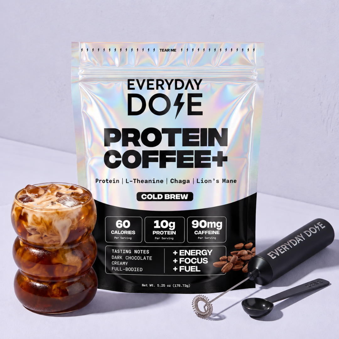 Everyday Dose Protein Coffee+ Cold Brew with bubble glass, frother and scoop on lilac