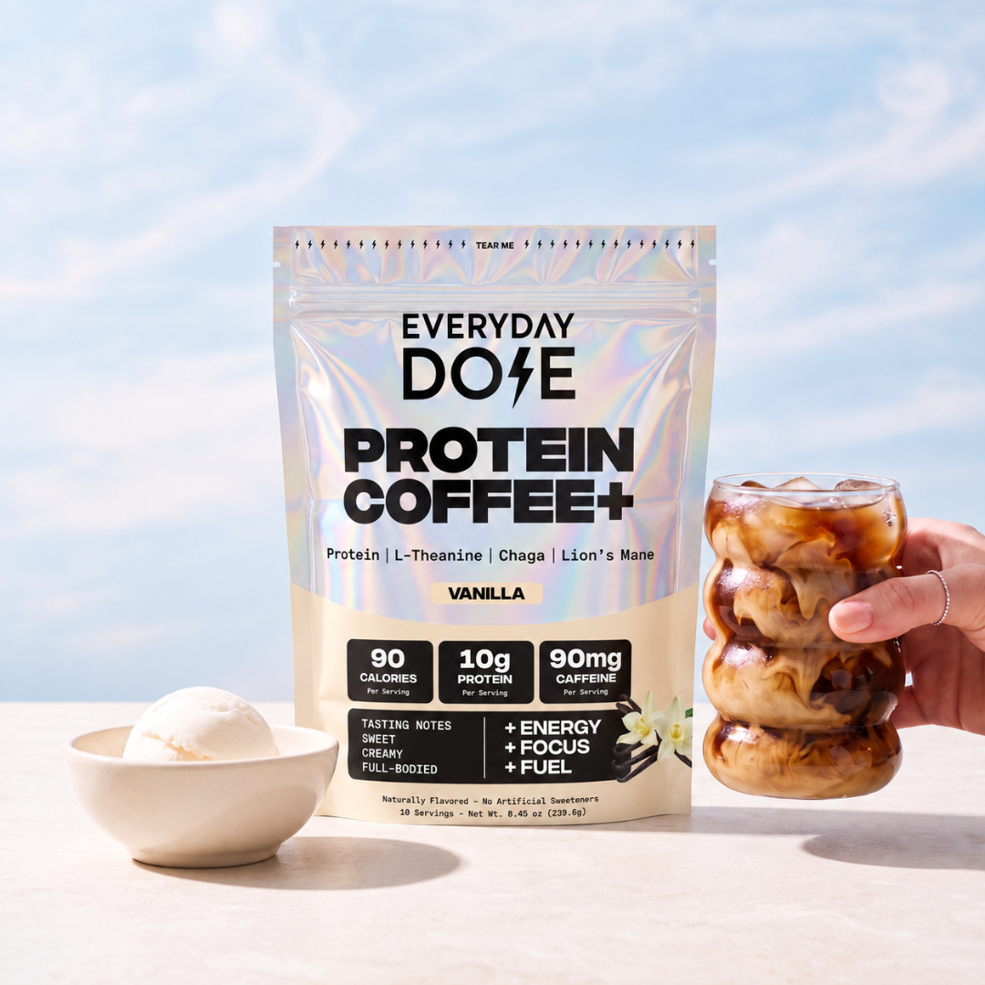 Everyday Dose Protein Coffee+ Vanilla with vanilla ice cream and iced coffee against a blue sky