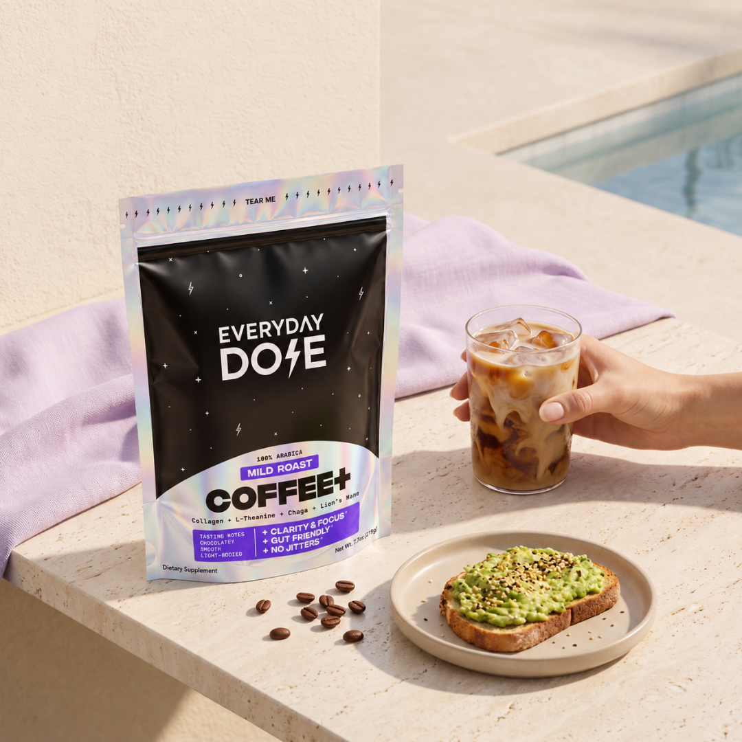 Everyday Dose Coffee+ Mild Roast poolside breakfast with avocado toast and iced coffee