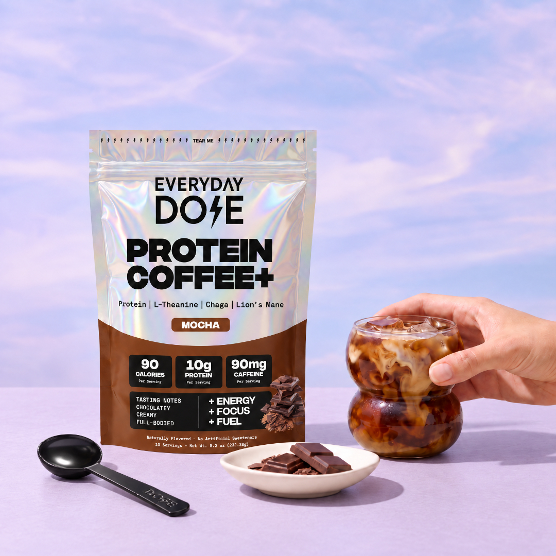 Everyday Dose Protein Coffee+ Mocha with bubble glass, chocolate and branded scoop on lilac