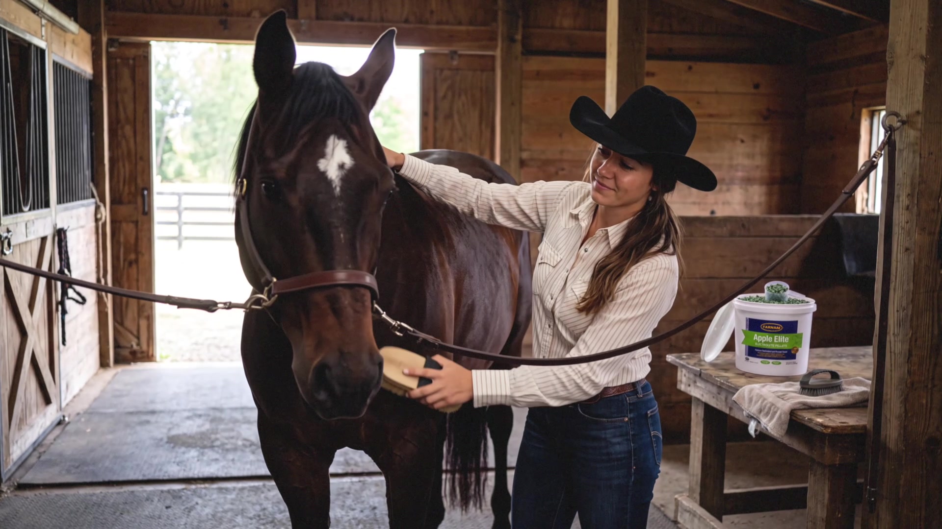 Farnam Apple Elite - Owner brushing her horse in a sunlit stable, Apple Elite bucket on the workbench