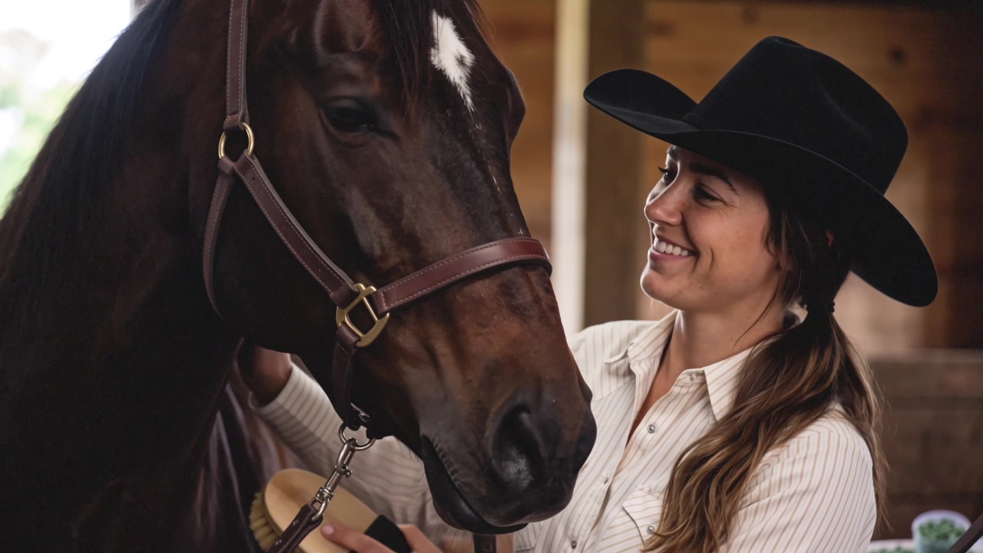 Farnam Apple Elite - Close-up of the owner smiling beside her horse in warm stable light