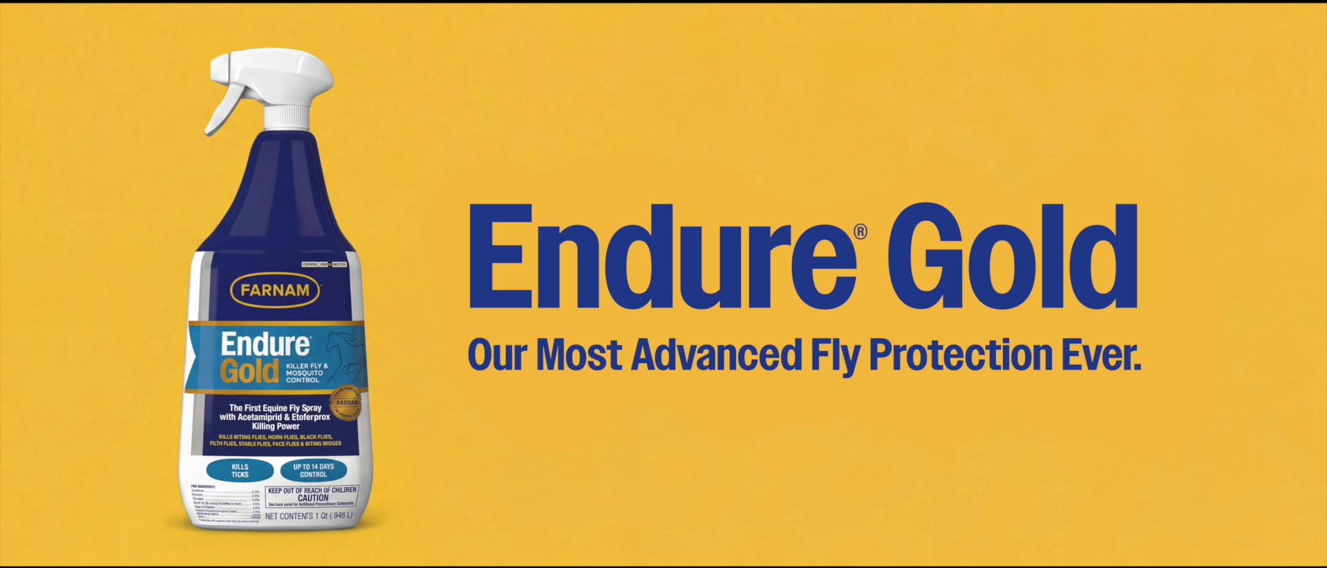 Farnam Endure Gold packshot on brand yellow with the line Our Most Advanced Fly Protection Ever