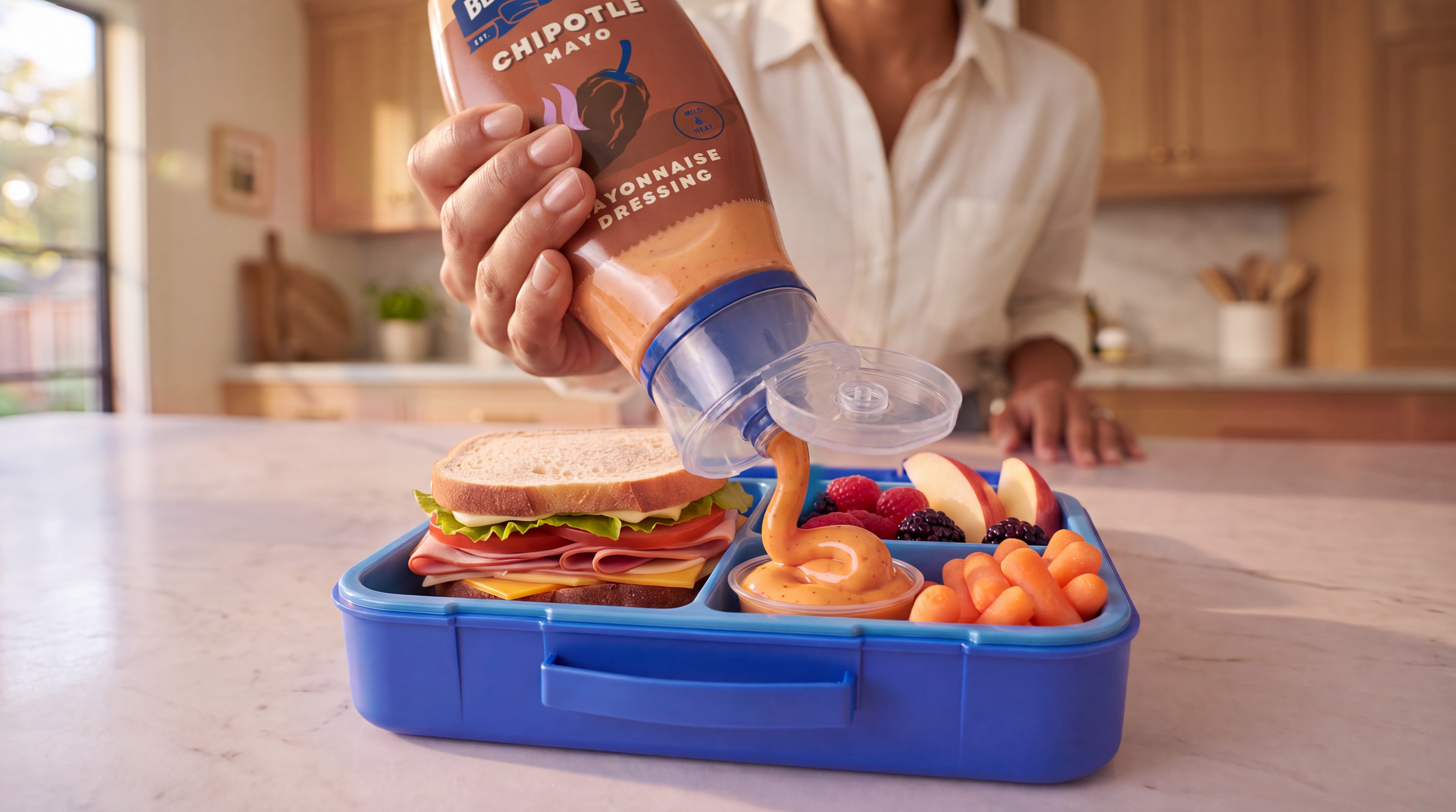 Best Foods Chipotle Mayo dip added beside baby carrots in the lunchbox
