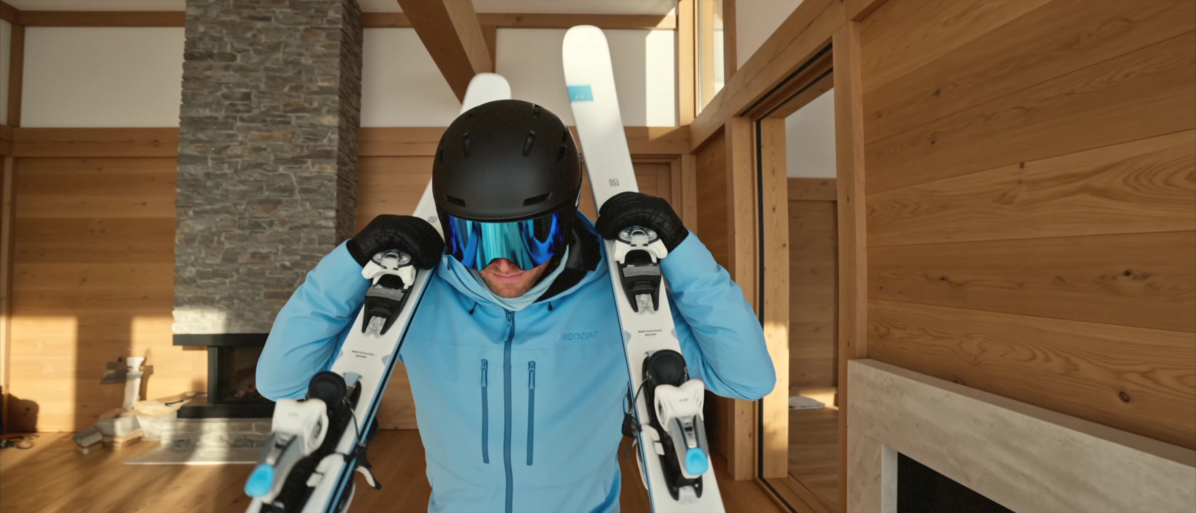 Moccamaster ICE - Skier in a glacier-blue jacket carrying skis through a timber chalet