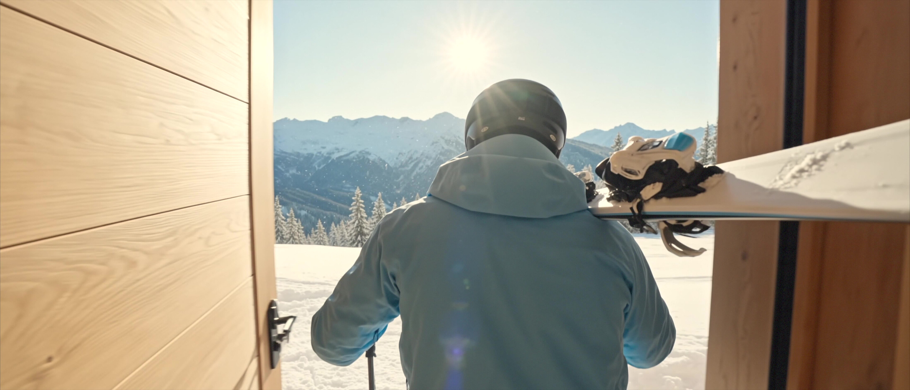 Moccamaster ICE - Skier stepping out of the chalet door into the morning sun