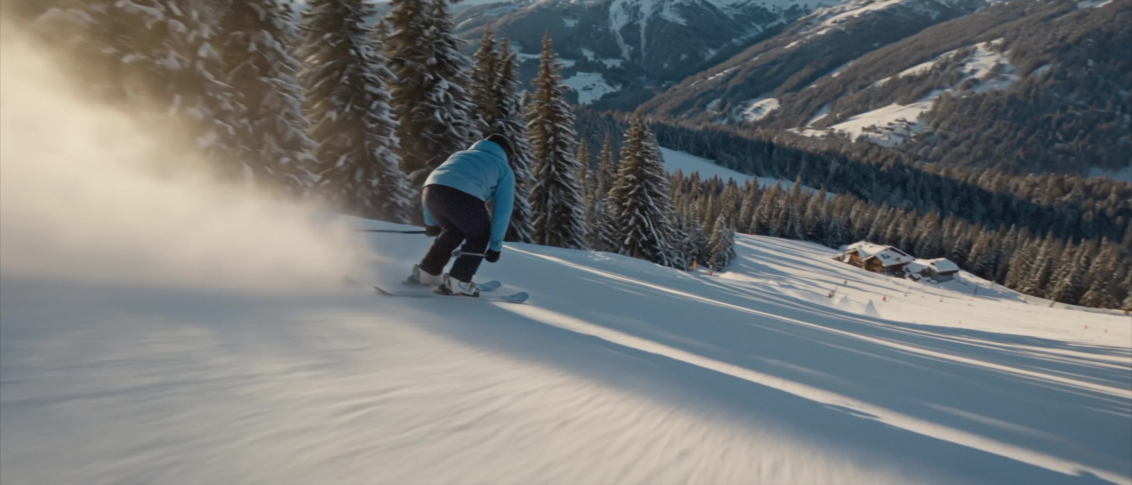 Moccamaster ICE - Skier carving down toward the valley with chalets below