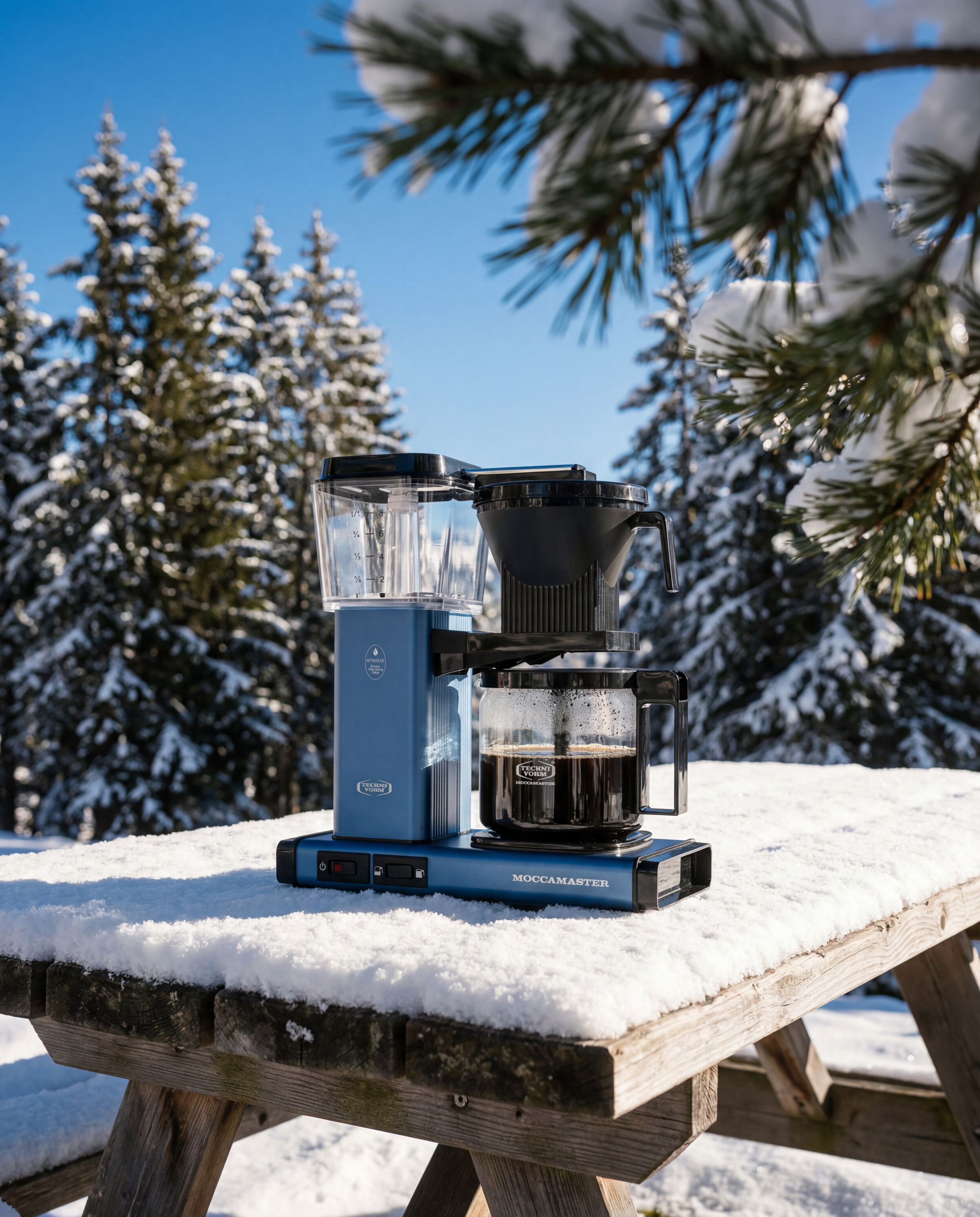 Moccamaster product still - Brewer on a snow-covered picnic table framed by pine branches
