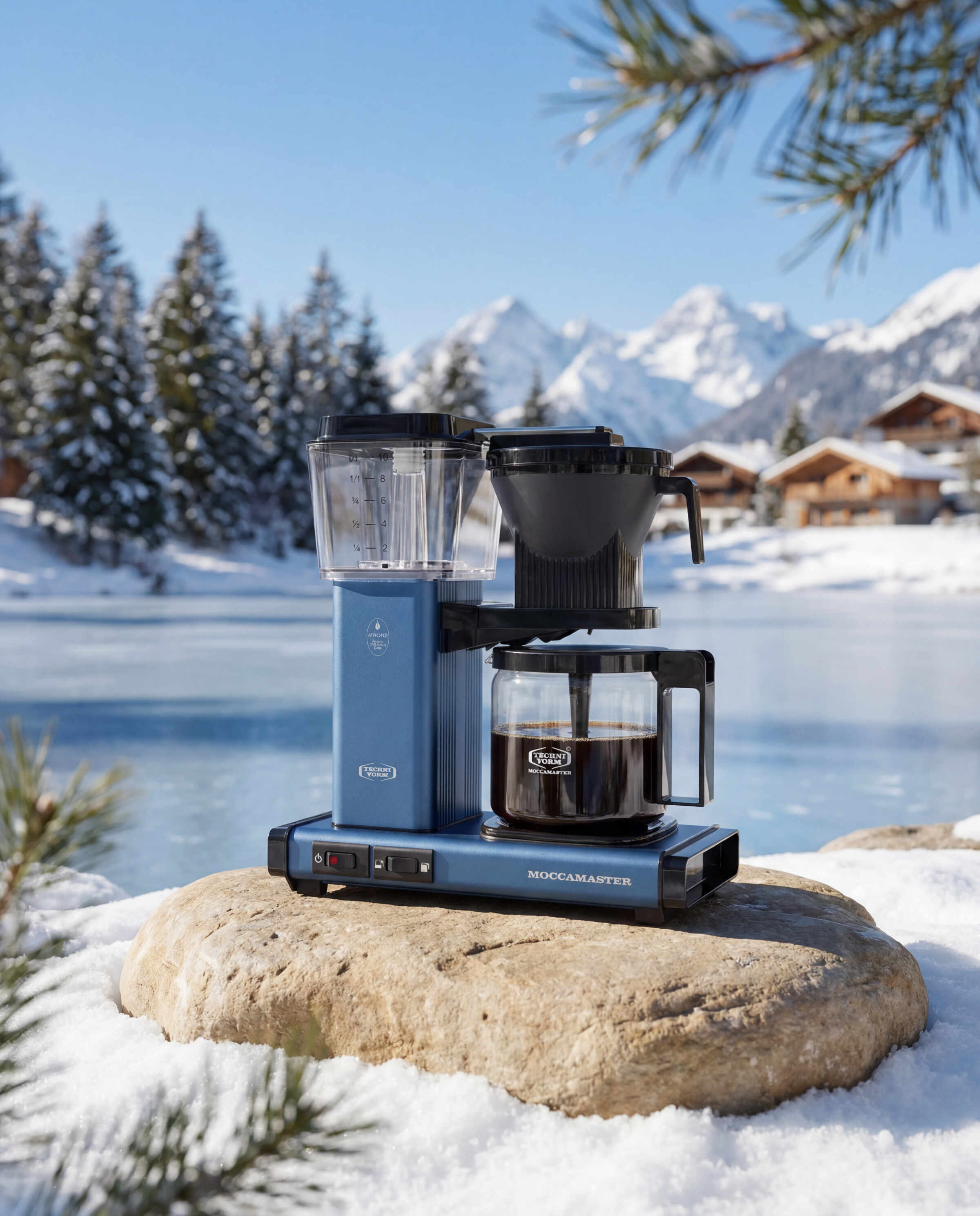 Moccamaster product still - Brewer on a boulder beside a frozen alpine lake