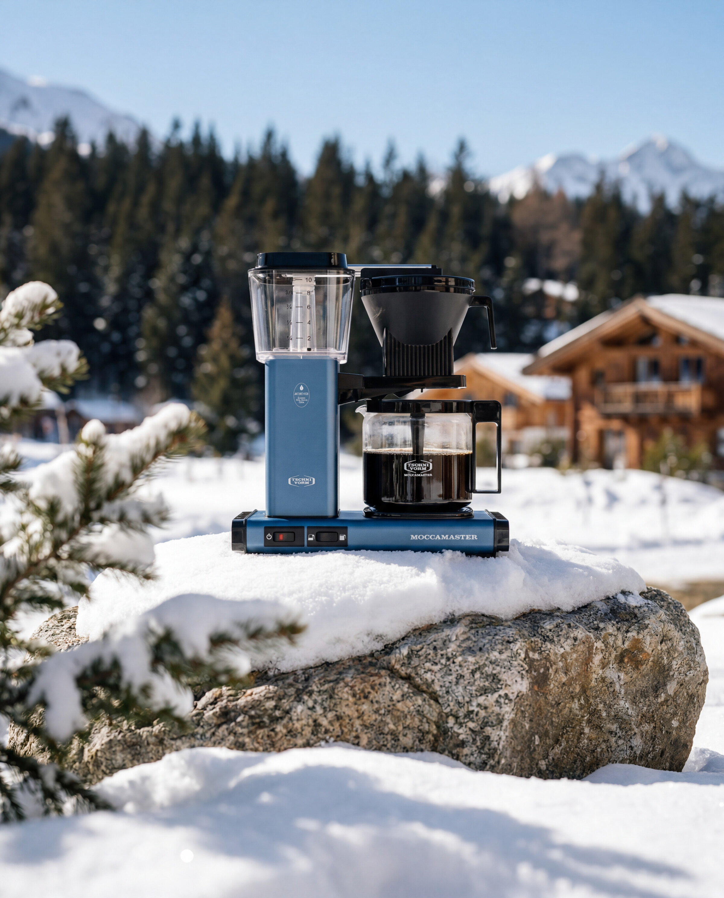 Moccamaster product still - Brewer on a snowy rock among pines and wooden chalets