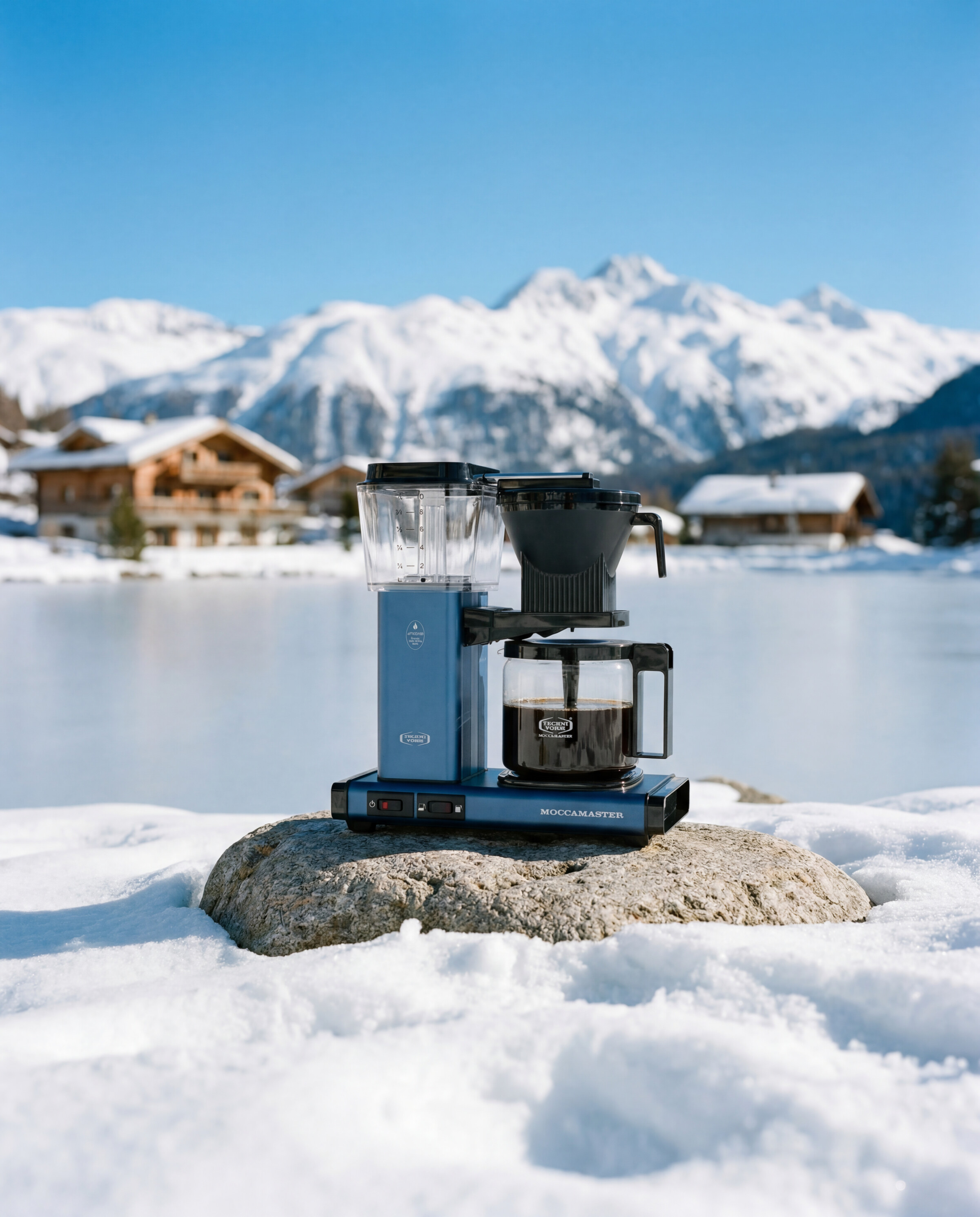 Moccamaster product still - Brewer on stone with snow peaks and a lake behind