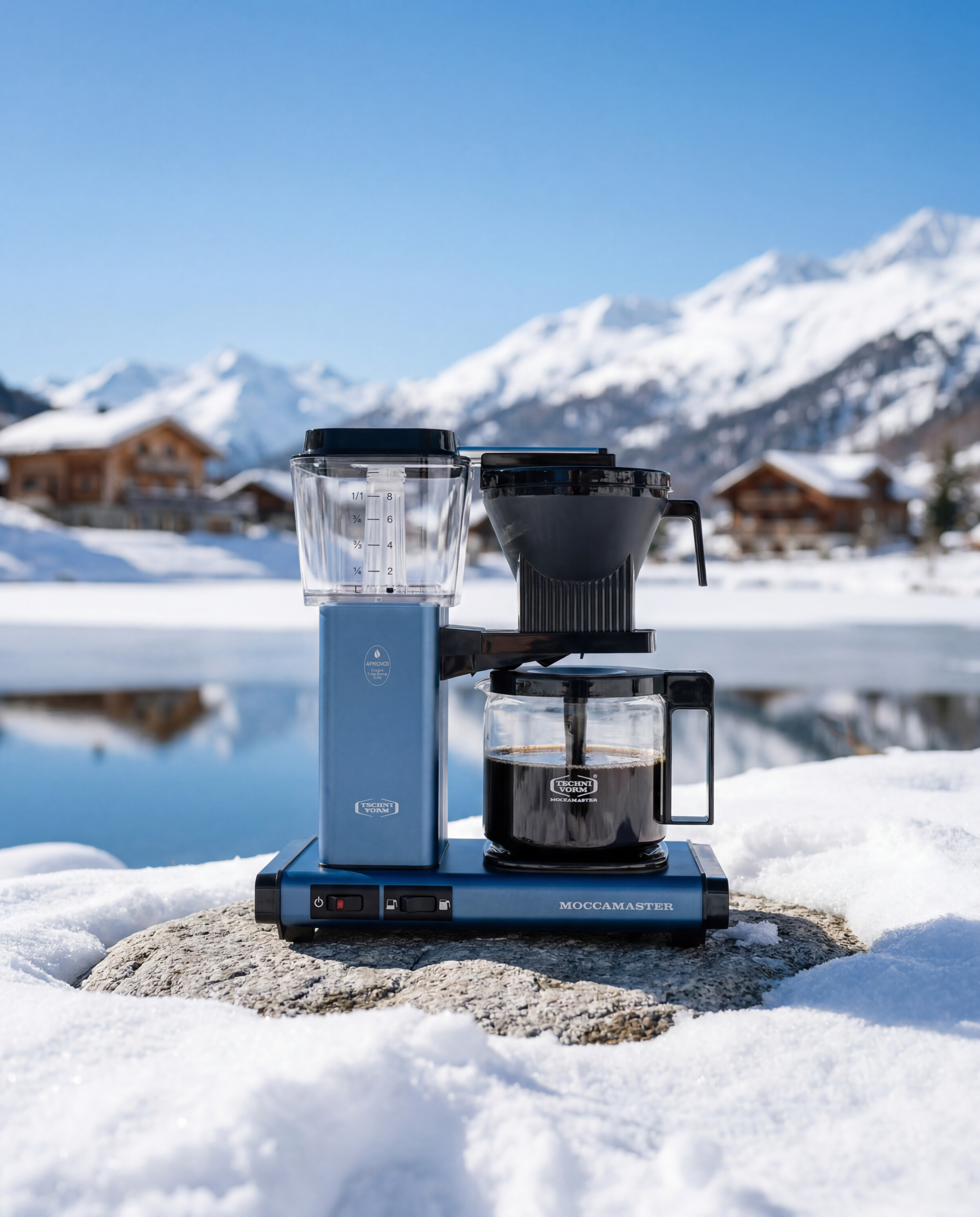 Moccamaster product still - Brewer on a lakeshore rock under a clear sky