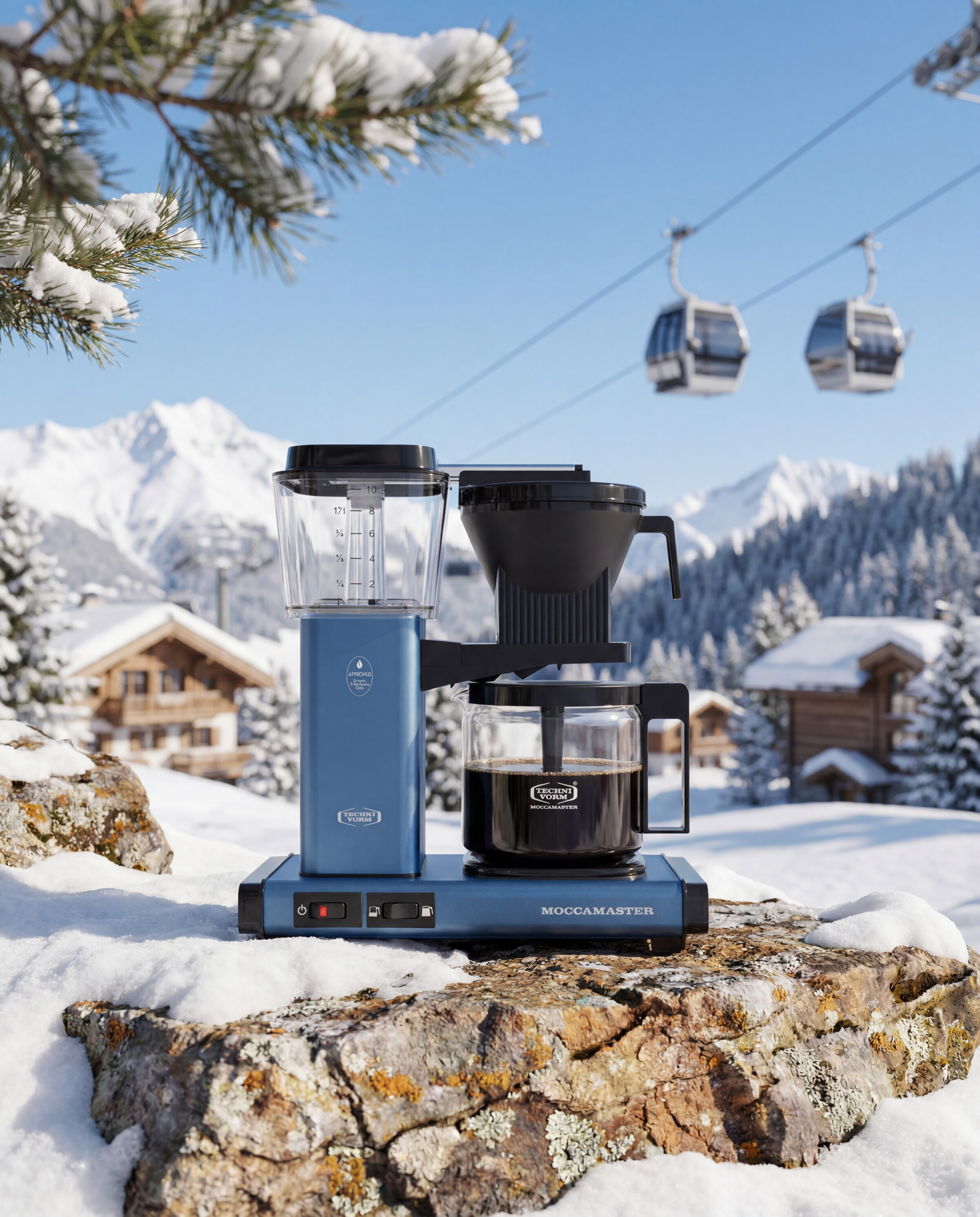 Moccamaster product still - Brewer on a rock with a cable car and snowy peaks