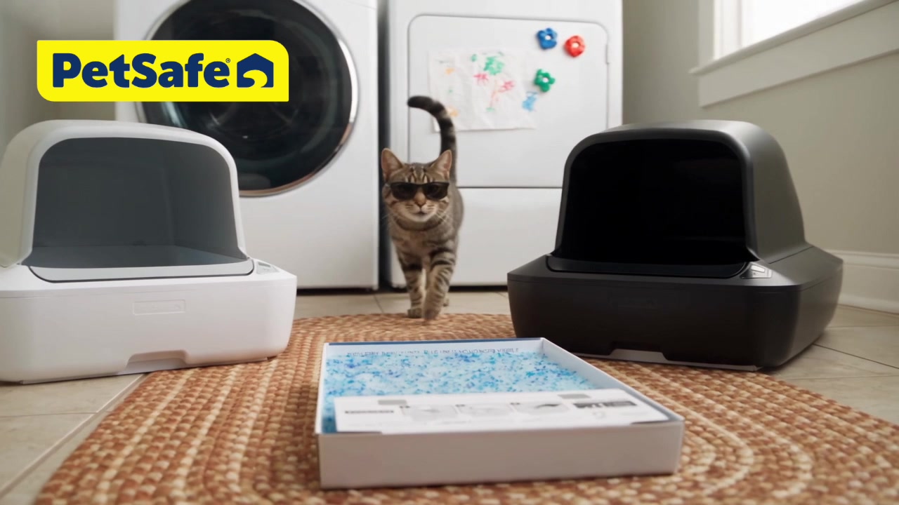 PetSafe ScoopFree Pro - Cat walking toward camera between the white and black litter boxes