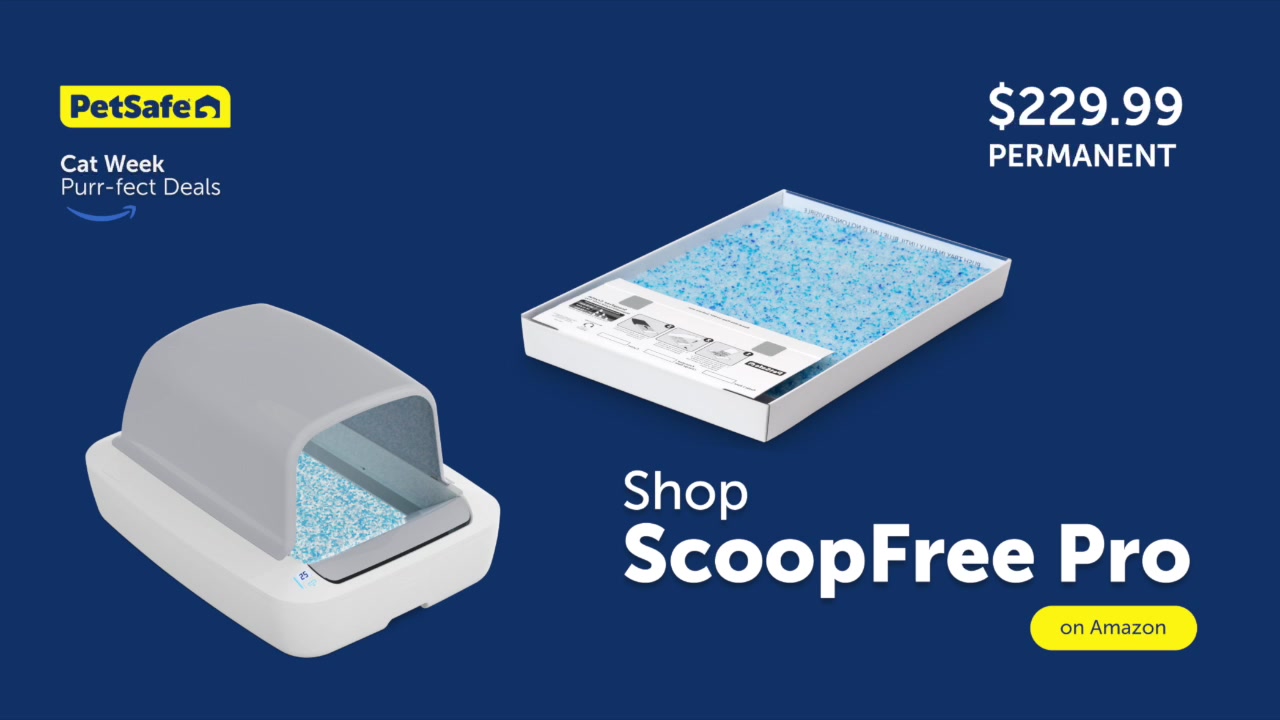 PetSafe ScoopFree Pro end card with Amazon Cat Week Purr-fect Deals lockup and shop call to action
