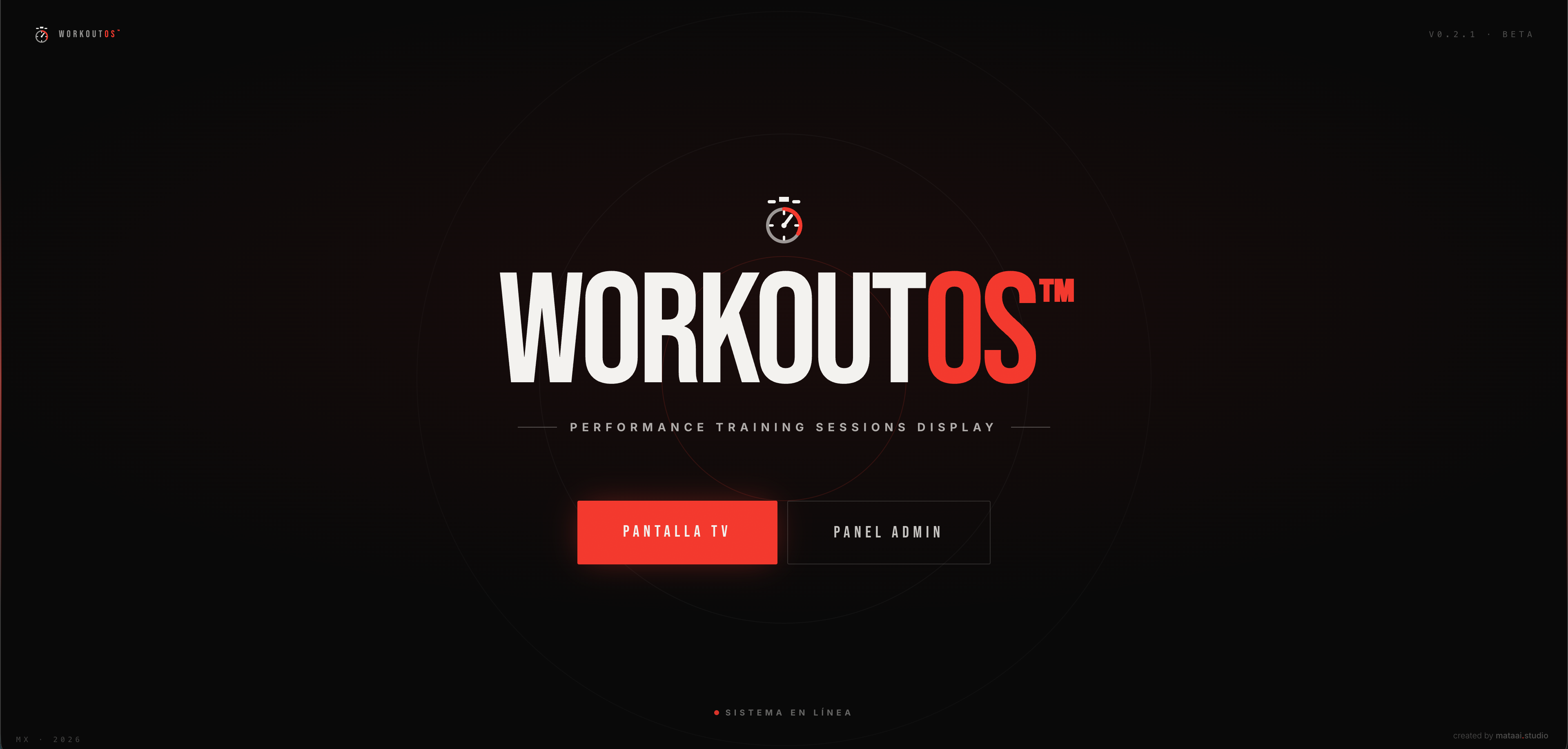 WORKOUT OS - Landing screen with TV and admin entry points