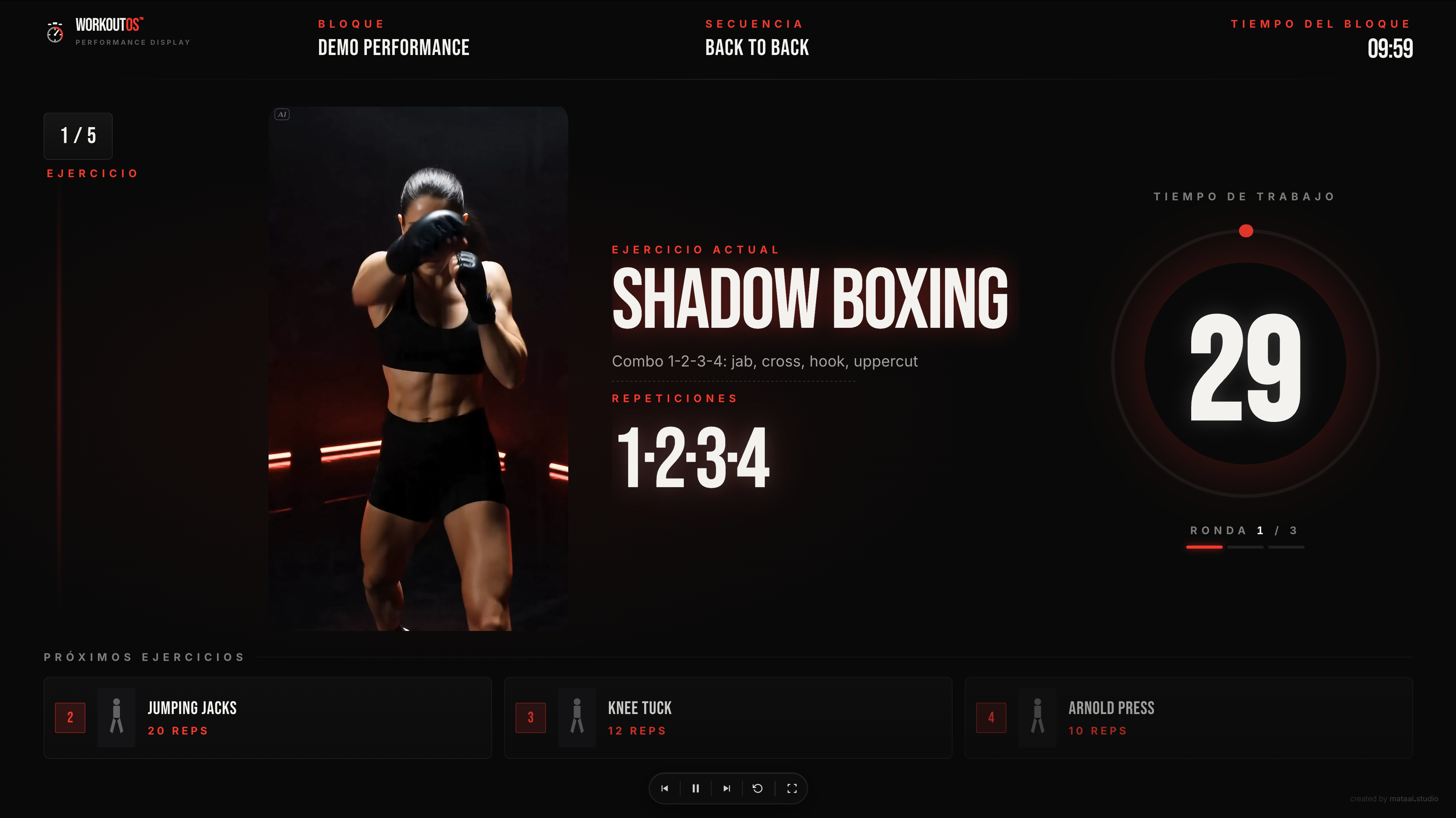 WORKOUT OS live performance display showing Shadow Boxing