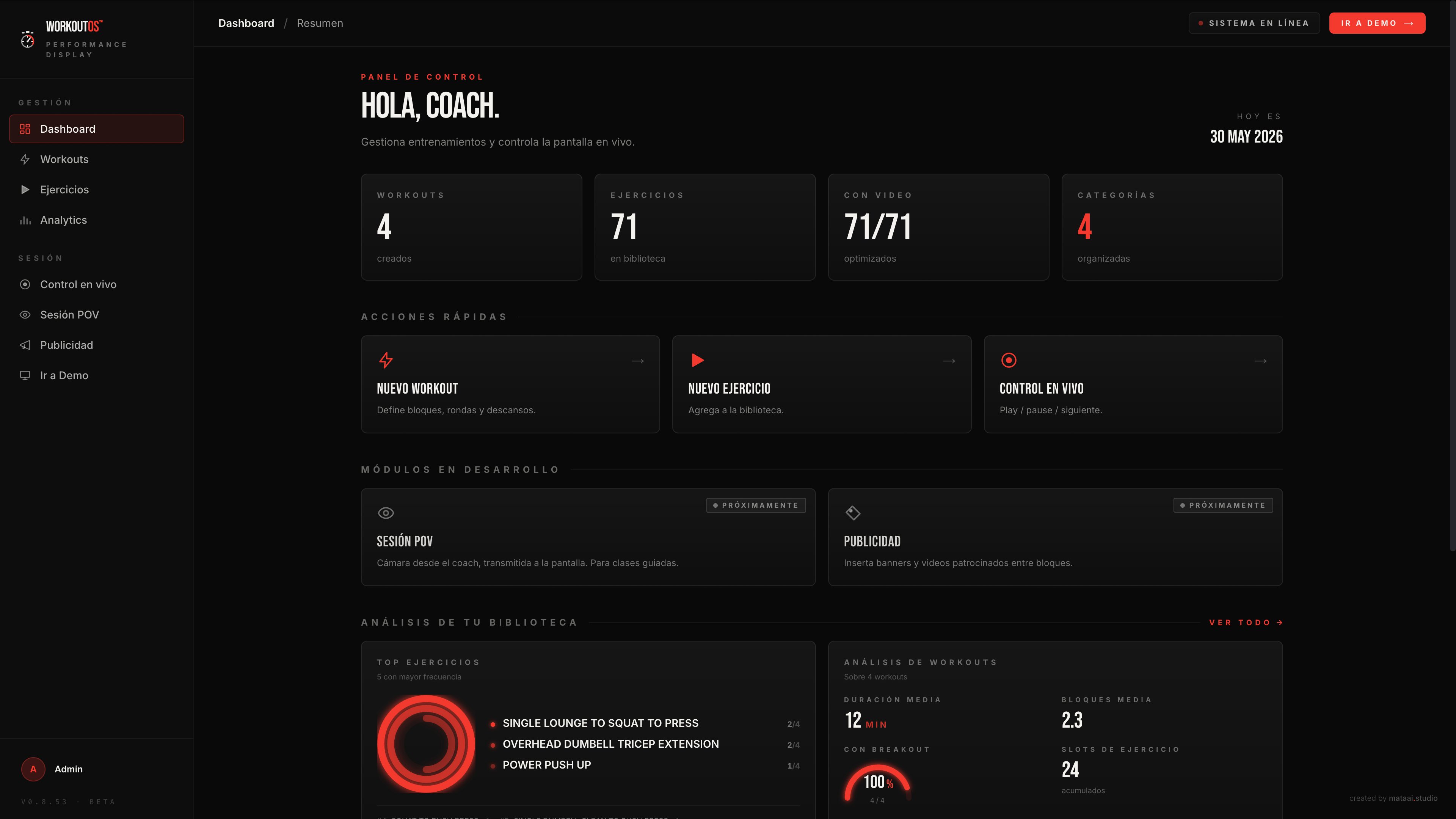 WORKOUT OS - Coach dashboard with library and workout stats