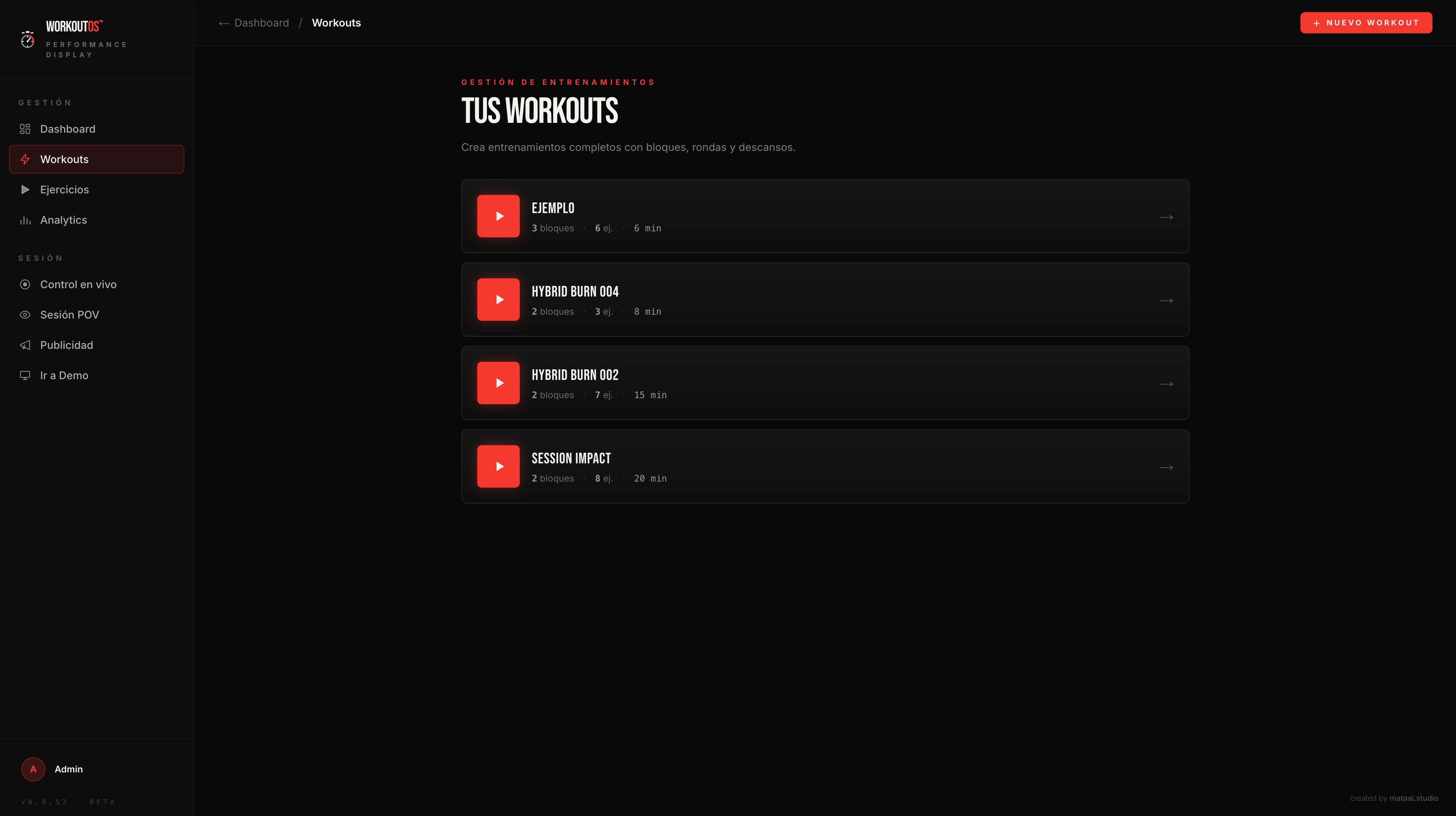 WORKOUT OS - Workouts management list