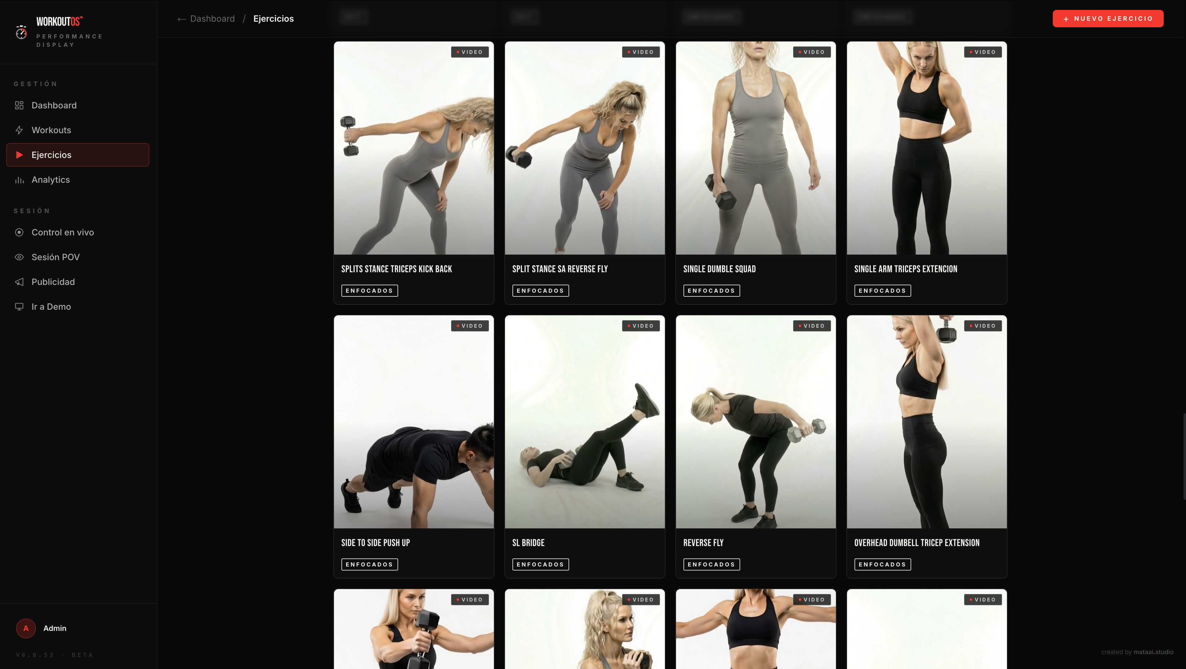WORKOUT OS - Exercise library grid, every exercise with video